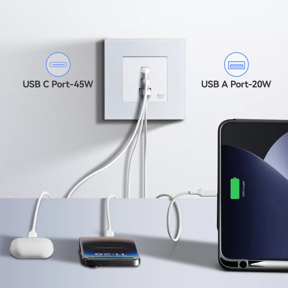 65W Triple USB Wall Socket With Super Fast Charging - White - Image 3