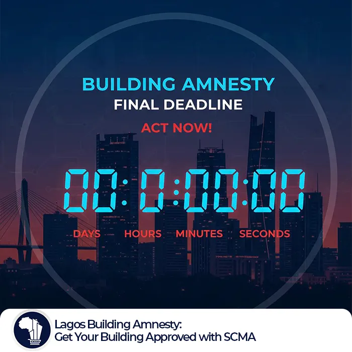 Lagos Building Amnesty featured image_Split-screen graphic of a Lagos building showing two outcomes: on the left, a distressed structure marked with a red “X” symbolizing demolition risk; on the right, the same building restored and secure with a bold green “APPROVED” stamp. In front, an SCMA consultant in a branded hard hat smiles while holding a blueprint. Headline above reads “Don’t Risk It. Regularize It. The Lagos Building Amnesty Ends Dec 31st.”