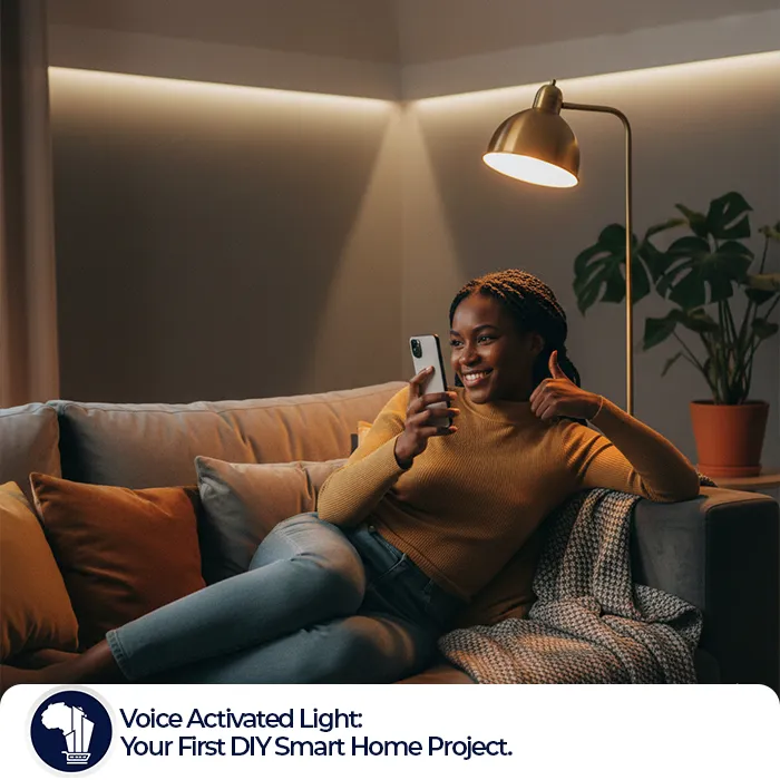 A young African woman lounges comfortably on a plush grey sofa in a cozy, modern living room. She holds a smartphone with a playful, satisfied smirk, having just dimmed a stylish floor lamp in the background. The room glows warmly, highlighting the relaxed, cinematic atmosphere of smart home control._Voice Activated Light featured image